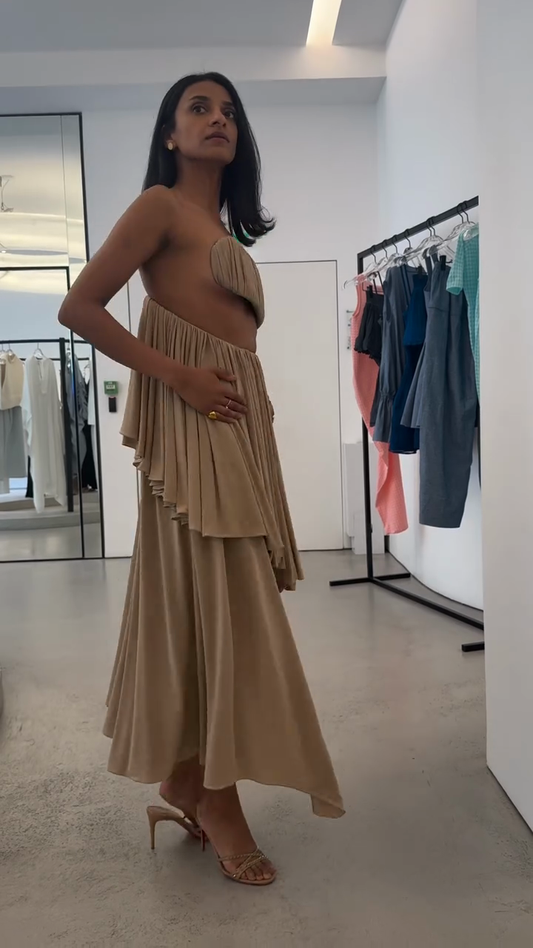 Beige Strapless Cutout Asymmetric Midi Dress