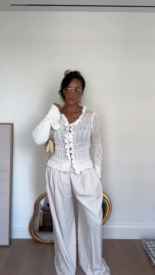 White Ruffled Crochet Cardigan & Wide - Leg Pants Set