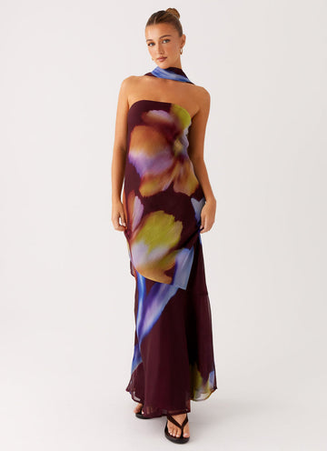 Burgundy Floral Print Halter Maxi Dress