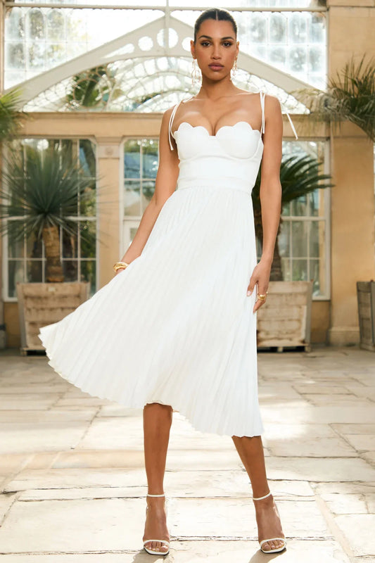 White Pleated Midi Dress with Bow Straps